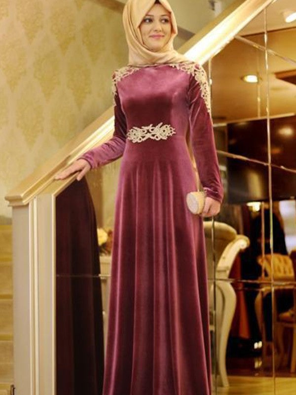 Gorgeous Long Sleeves Long Scoop Ruffles Velvet Muslim Prom Dress-ballbellauk