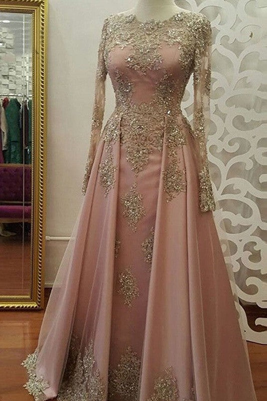 Gorgeous Long Sleeves Long Scoop With Appliques Tulle Muslim Prom Dress-ballbellauk