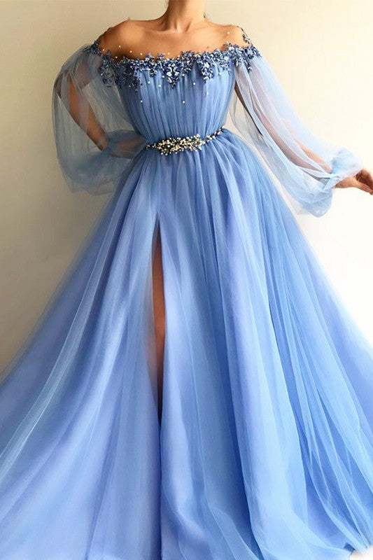 Gorgeous Long Sleeves Off-the-Shoulder Tulle Long Prom Dress-ballbellauk