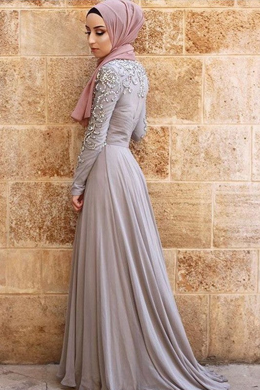 Gorgeous Long Sleeves Scoop Crystal Tulle Muslim Prom Dress-ballbellauk