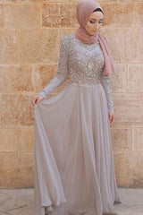 Gorgeous Long Sleeves Scoop Crystal Tulle Muslim Prom Dress-ballbellauk