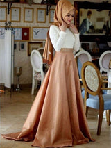 Gorgeous Long Sleeves Scoop Lace Satin Muslim Prom Dress-ballbellauk