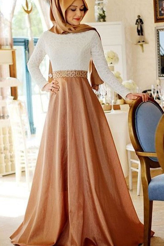 Gorgeous Long Sleeves Scoop Lace Satin Muslim Prom Dress-ballbellauk