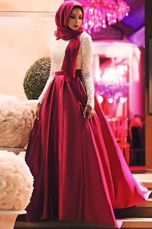 Gorgeous Long Sleeves Scoop Lace Satin Muslim Prom Dress-ballbellauk