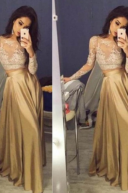 Gorgeous Long Sleeves Scoop Taffeta With Appliques Long Two Piece Prom Dress-ballbellauk