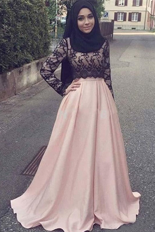 Gorgeous Long Sleeves Scoop With Appliques Satin Muslim Prom Dress-ballbellauk