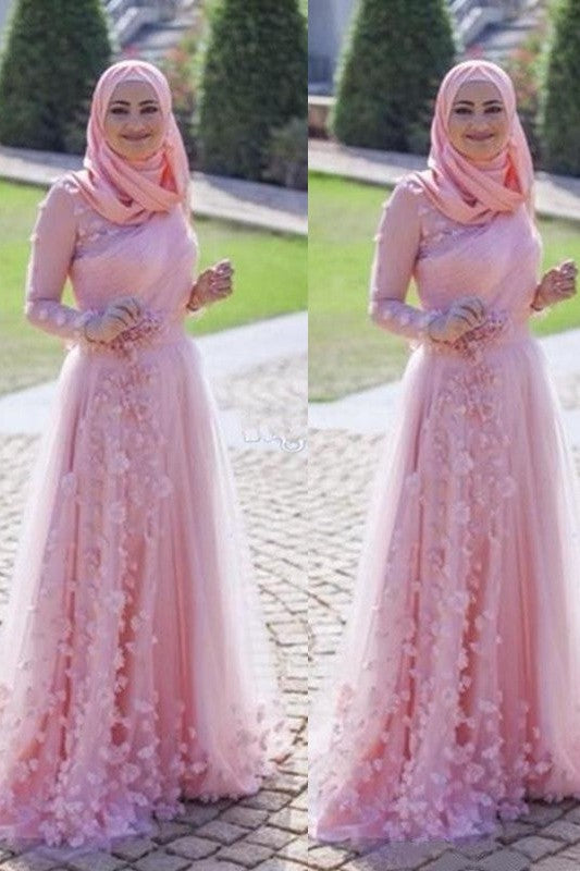 Gorgeous Long Sleeves Scoop With Appliques Tulle Muslim Prom Dress-ballbellauk