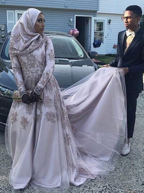 Gorgeous Long Sleeves Scoop With Appliques Tulle Muslim Prom Dress-ballbellauk