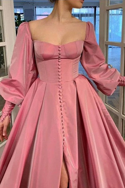 Gorgeous Long Sleeves Square Ruffles Satin Long Prom Dress-ballbellauk