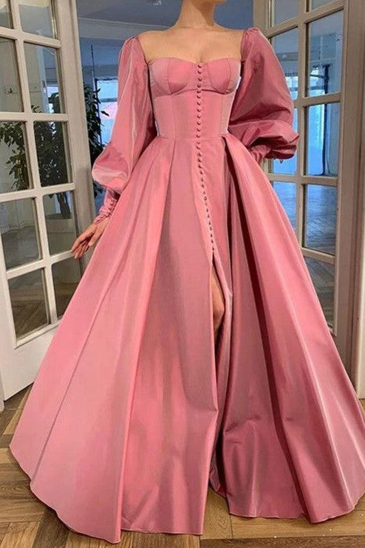 Gorgeous Long Sleeves Square Ruffles Satin Long Prom Dress-ballbellauk