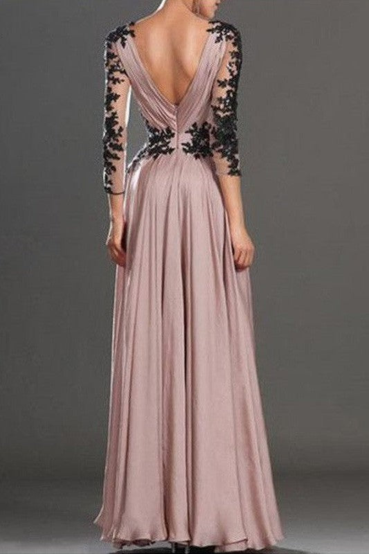 Gorgeous Long Sleeves V-neck Chiffon With Appliques Long Prom Dress-ballbellauk