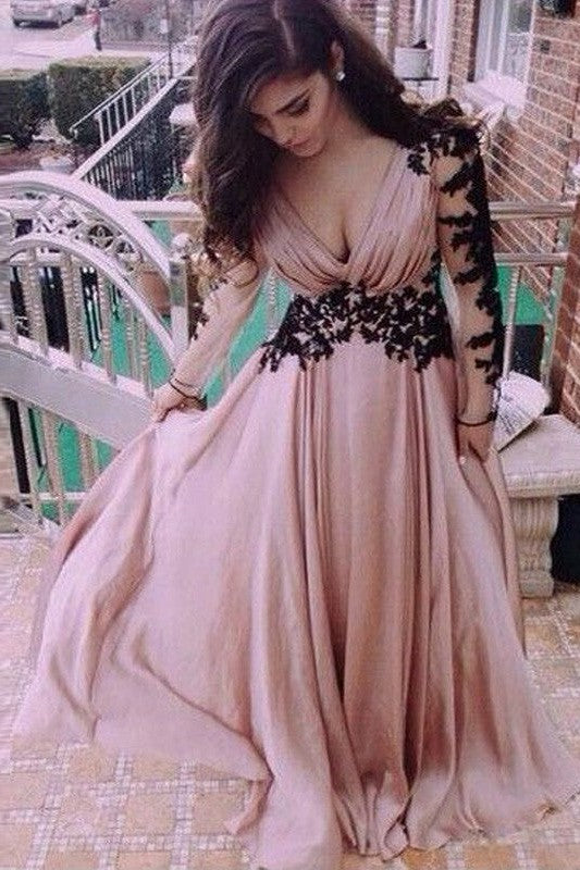 Gorgeous Long Sleeves V-neck Chiffon With Appliques Long Prom Dress-ballbellauk