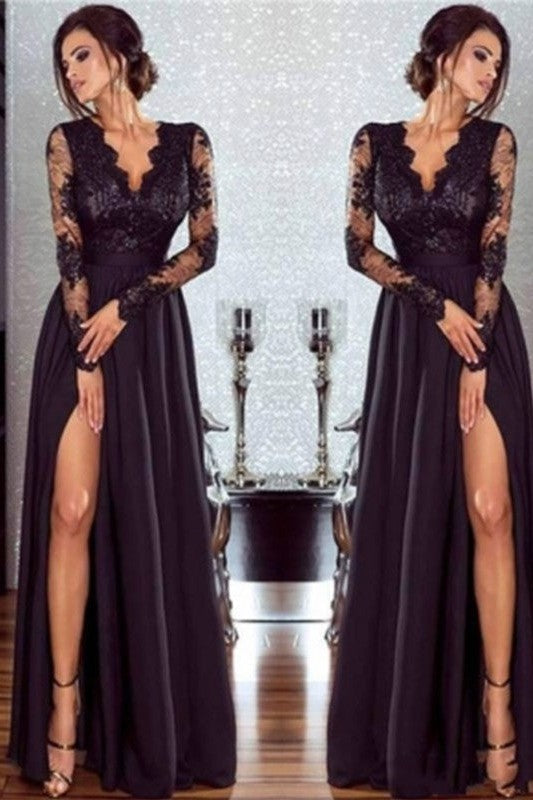 Gorgeous Long Sleeves V-neck Long Lace Chiffon With Appliques Prom Dress-ballbellauk