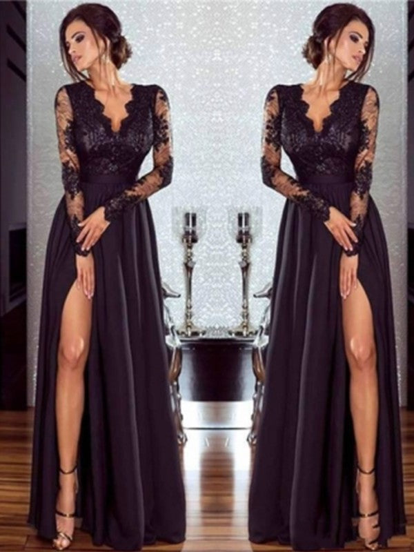 Gorgeous Long Sleeves V-neck Long Lace Chiffon With Appliques Prom Dress-ballbellauk