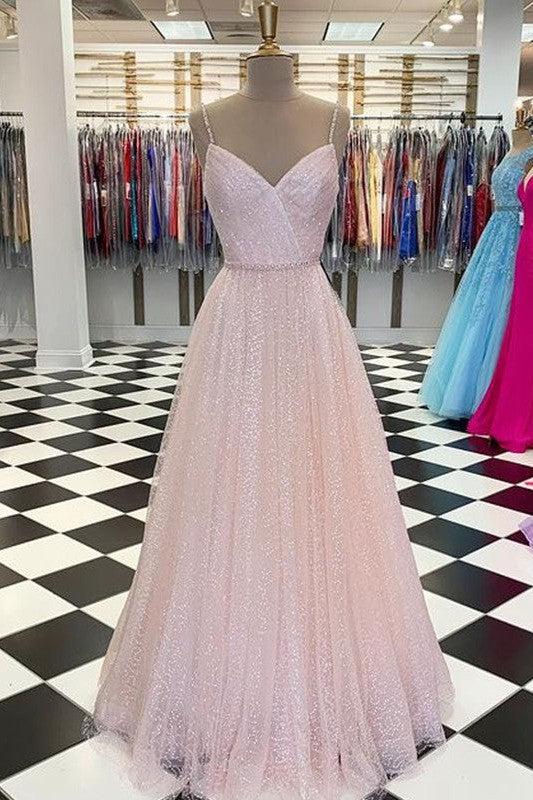 Gorgeous Long Spaghetti-Straps Sleeveless Tulle Ruffles Prom Dress-ballbellauk