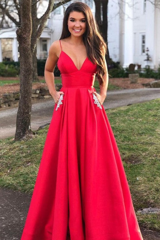 Gorgeous Long V-neck Sleeveless Satin Beading Prom Dress-ballbellauk