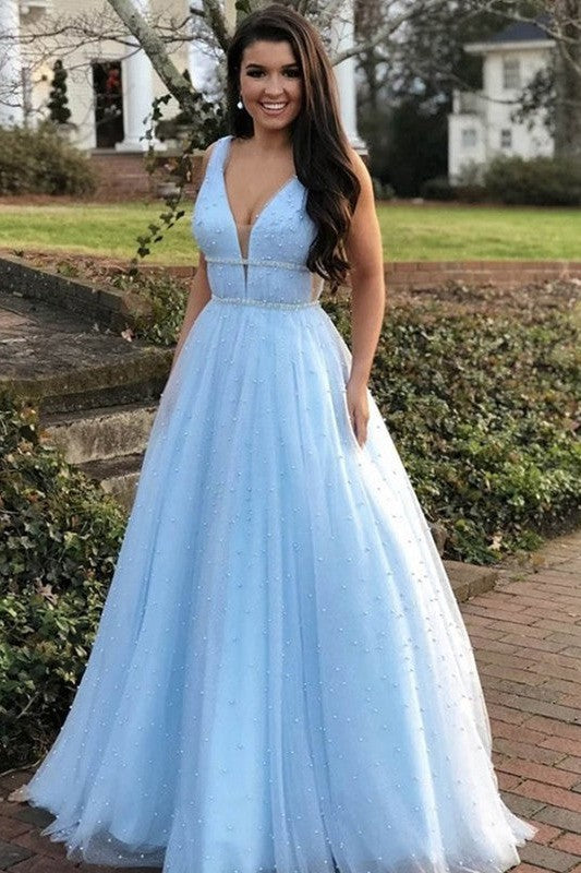 Gorgeous Long V-neck Sleeveless Tulle Beading Prom Dress-ballbellauk