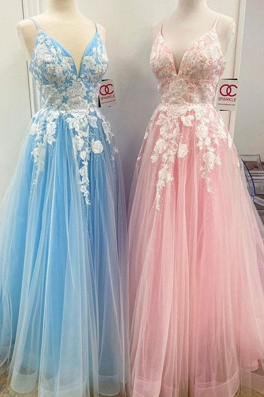 Gorgeous Long V-neck With Appliques Sleeveless Tulle Prom Dress-ballbellauk