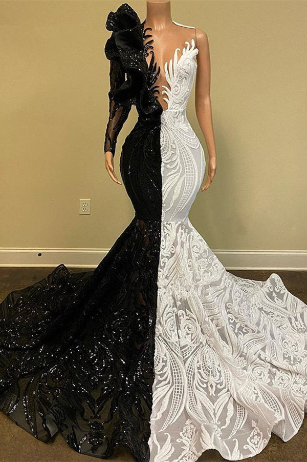 Gorgeous Mermaid Prom Dress UK with Black & White Lace and Sequins-ballbellauk