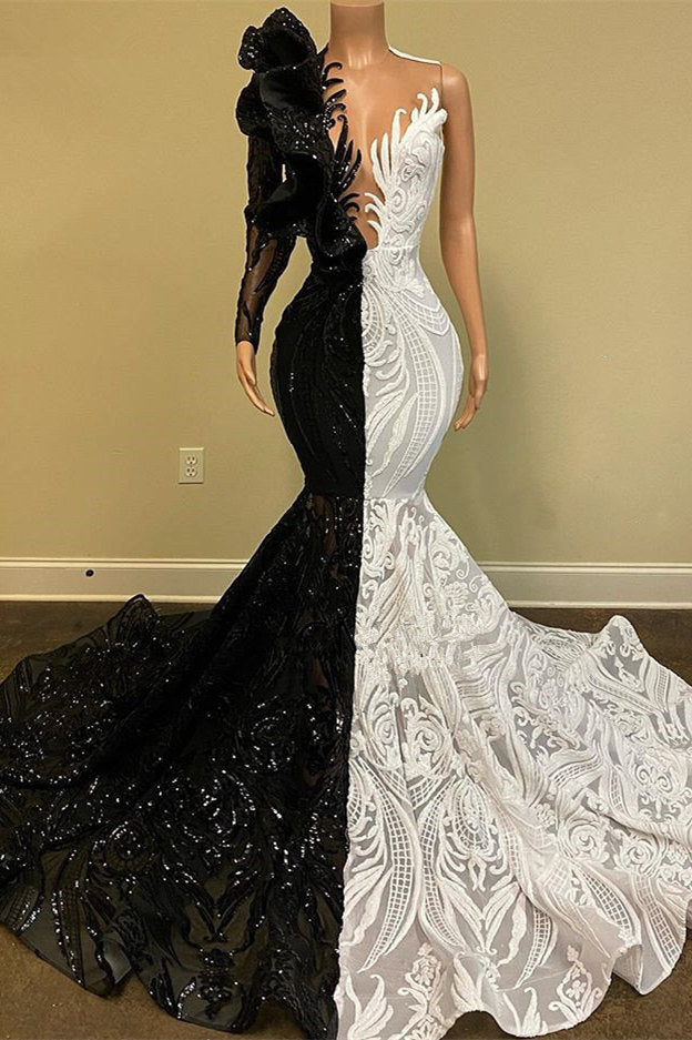 Gorgeous Mermaid Prom Dress UK with Black & White Lace and Sequins-ballbellauk