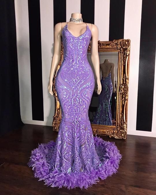 Gorgeous Mermaid Sleeveless Sequins Lace Prom Dress UK with Feathers-ballbellauk