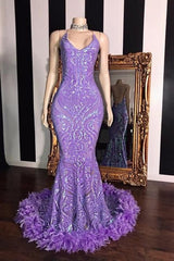 Gorgeous Mermaid Sleeveless Sequins Lace Prom Dress UK with Feathers-ballbellauk