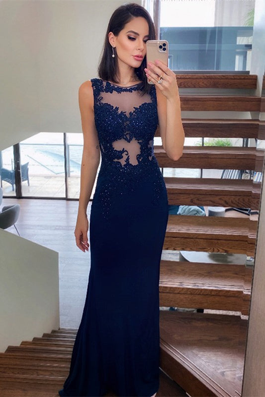 Gorgeous Navy Blue Lace Mermaid Prom Dress UK-ballbellauk