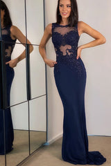 Gorgeous Navy Blue Lace Mermaid Prom Dress UK-ballbellauk