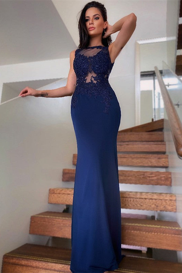 Gorgeous Navy Blue Lace Mermaid Prom Dress UK-ballbellauk