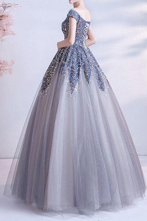 Gorgeous Off-The-Shoulder Long Prom Dress UK With Sweetheart Sequins-ballbellauk