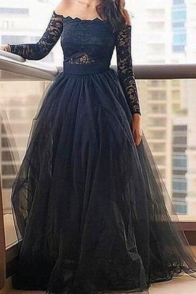 Gorgeous Off-the-Shoulder Long Sleeves Lace Long Tulle Prom Dress-ballbellauk