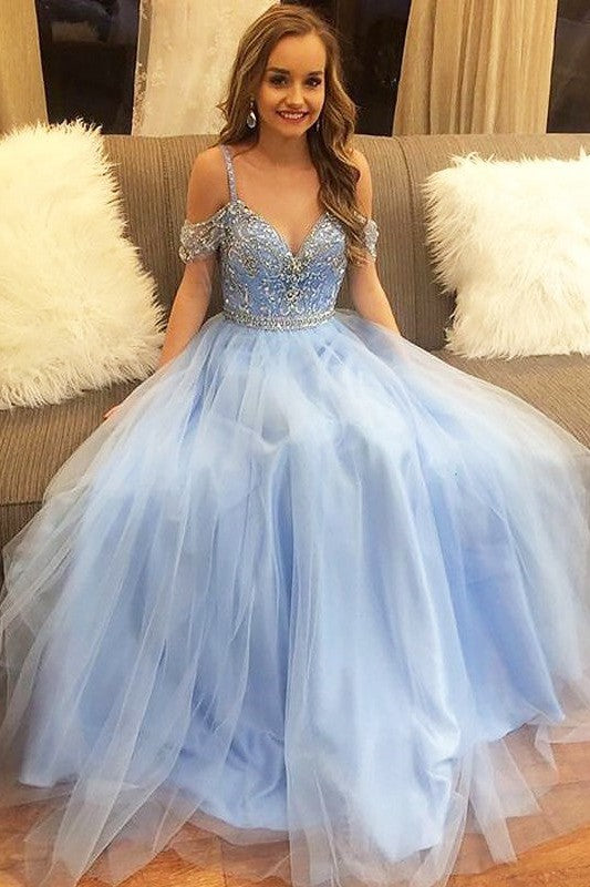 Gorgeous Off-the-Shoulder Long Tulle Beading Sleeveless Prom Dress-ballbellauk