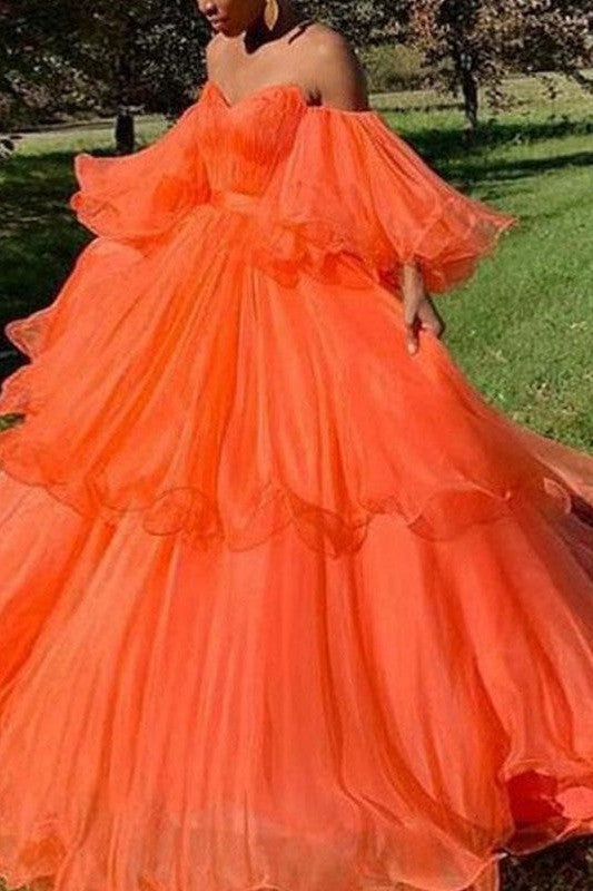 Gorgeous Off-the-Shoulder Organza Layers Long Sleeves Prom Dress-ballbellauk