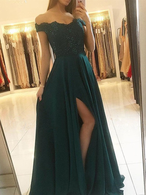 Gorgeous Off-the-Shoulder Sleeveless Long Beading Prom Dress with Chiffon-ballbellauk