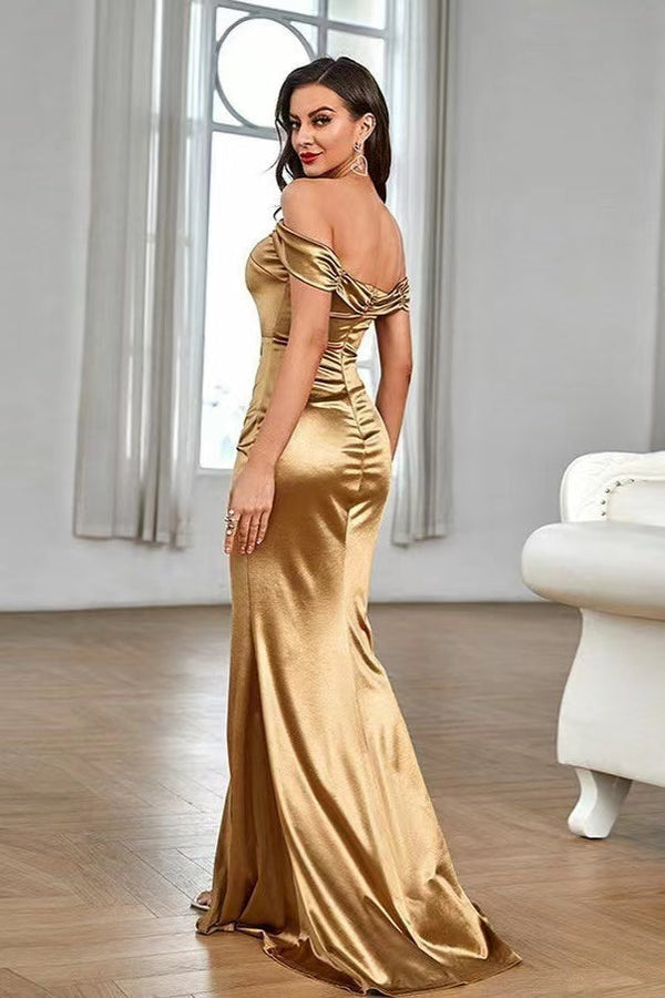 Gorgeous Off-The-Shoulder Split Mermaid Prom Dress UK With Pleats-ballbellauk