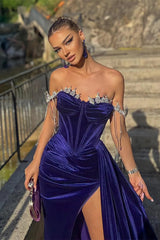 Gorgeous Off-the-Shoulder Velvet Mermaid Evening Dress Slit Long With Beadings-ballbellauk