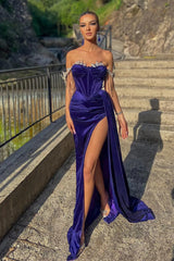 Gorgeous Off-the-Shoulder Velvet Mermaid Evening Dress Slit Long With Beadings-ballbellauk