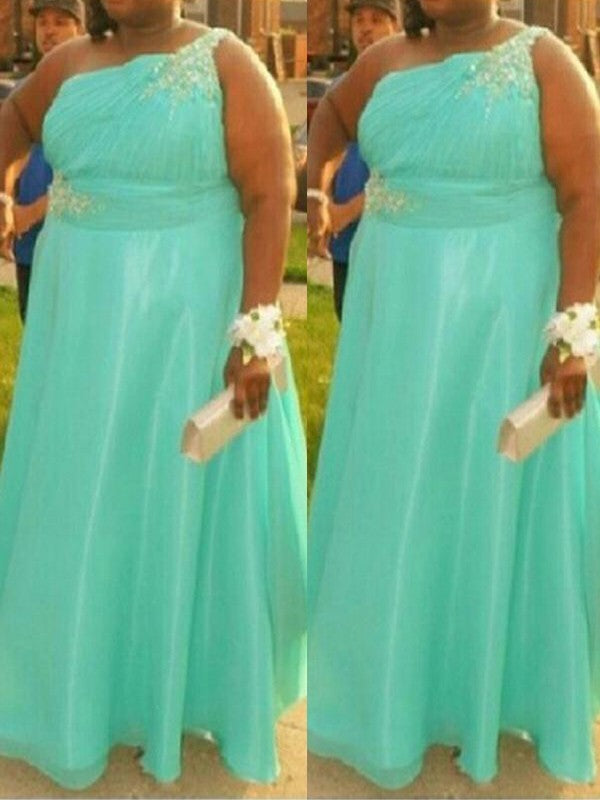 Gorgeous One-Shoulder Beading Sleeveless Long Chiffon Plus Size Prom Dress-ballbellauk