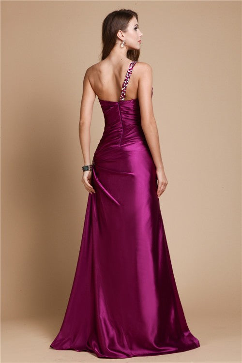 Gorgeous One Shoulder Beading Sleeveless Long Elastic Woven Elegant Evening Dress-ballbellauk