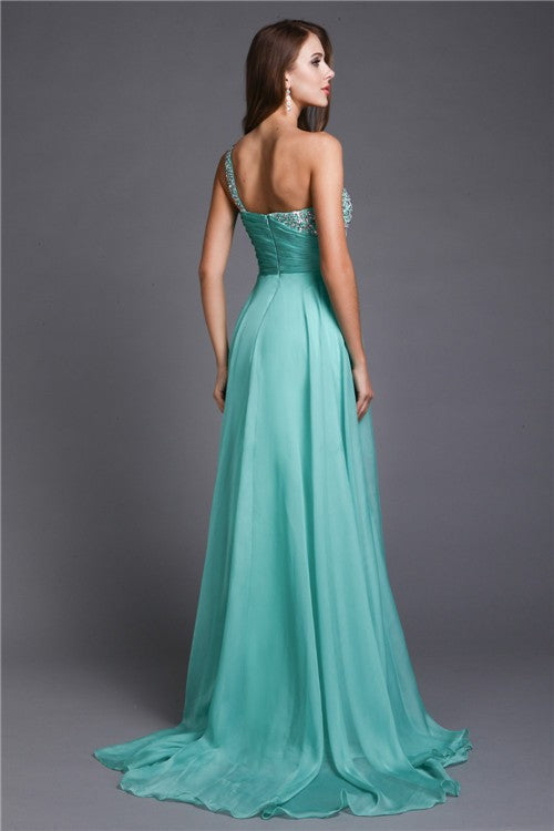 Gorgeous One-Shoulder Beading Sleeveless Long Evening Dress Chiffon-ballbellauk