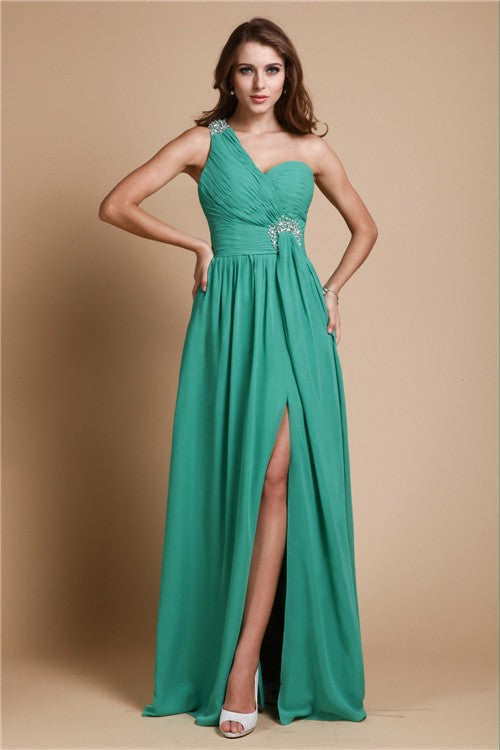 Gorgeous One Shoulder Beading Sleeveless Long Evening Dress Chiffon-ballbellauk