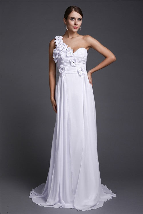 Gorgeous One Shoulder Hand-Made Flower Long Sleeveless Evening Dress Chiffon-ballbellauk