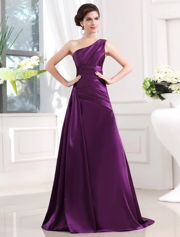 Gorgeous One-shoulder Sleeveless Elastic Woven Satin Pleats Long Prom Dress-ballbellauk