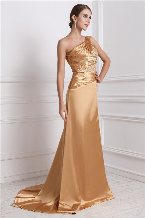 Gorgeous One-Shoulder Sleeveless Long Beading Elastic Woven Elegant Evening Dress-ballbellauk