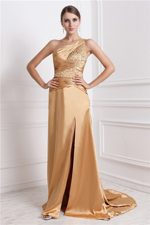 Gorgeous One-Shoulder Sleeveless Long Beading Elastic Woven Elegant Evening Dress-ballbellauk