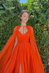 Gorgeous Orange Long A-Line Tulle Prom Dress UK with Side Split and Cape-ballbellauk