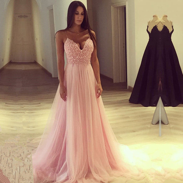 Gorgeous Pink Tulle Lace Spaghetti-Straps Prom Dress UK-ballbellauk