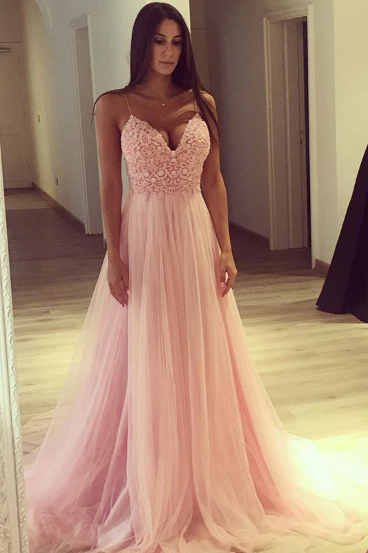 Gorgeous Pink Tulle Lace Spaghetti-Straps Prom Dress UK-ballbellauk