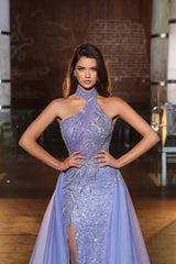 Gorgeous Purple Tulle Halter Mermaid Prom Dress UK with Ruffles and Split Appliques-ballbellauk