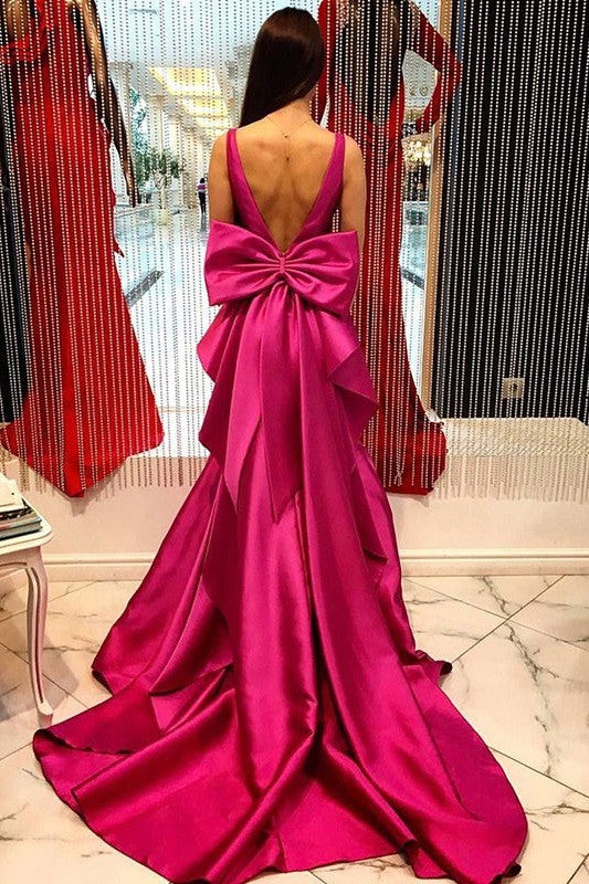 Gorgeous Satin Bowknot V-neck Sleeveless Prom Dress-ballbellauk